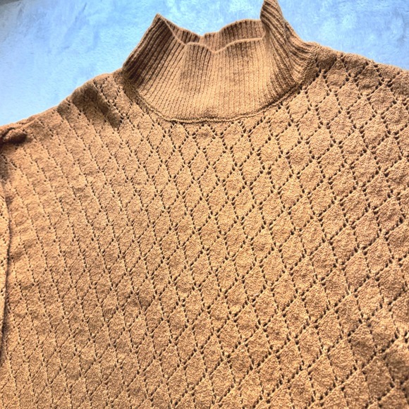 Wonderly Camel Brown Diamond Pointelle Mock Neck Lantern Sleeve Knit Sweater - Picture 12 of 13